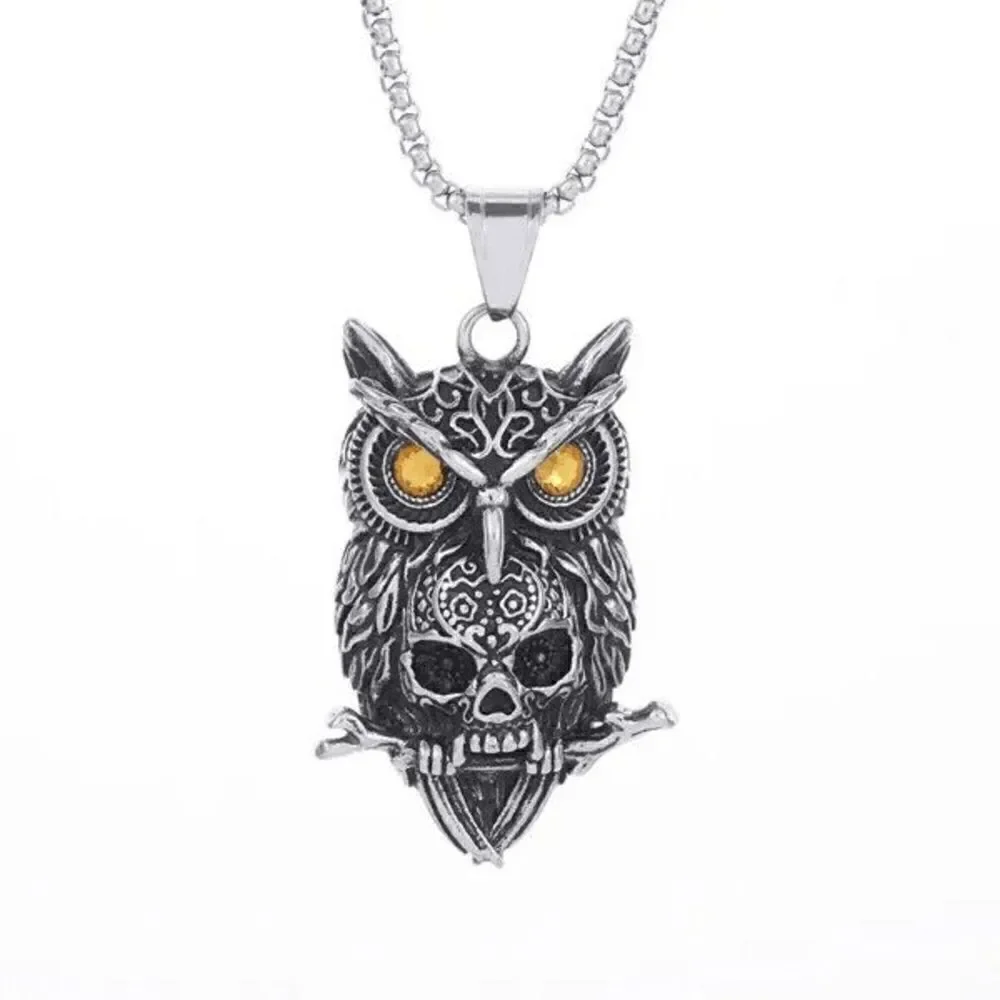 Stainless Steel Gothic Owl Skull Pendant Necklace